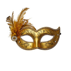 Luxurious gold masquerade mask adorned with metallic patterns shimmering crystals and elegant feathers for a sophisticated and extravagant appeal