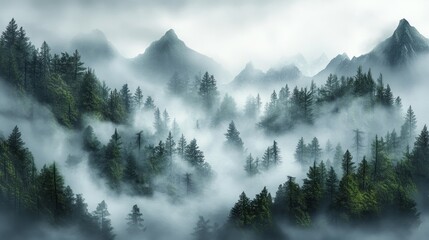 Misty Mountain Majesty: A Serene Landscape of Fog-Shrouded Peaks and Verdant Forests