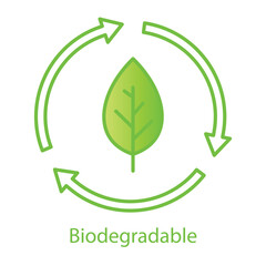 Vector icon for biodegradable materials. Displays a circular recycling symbol with leaves, representing eco-friendly and decomposable items.