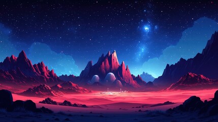 Alien planet landscape at night, red mountains under a vibrant starry sky, futuristic structures.