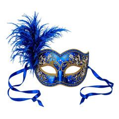 Fototapeta premium Extravagant royal blue masquerade mask with gold embroidery sparkling crystals and velvet ribbons for a regal high class look