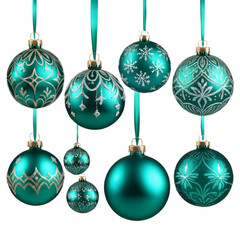 Obraz premium Elegant Teal Christmas Ornaments with Intricate Gold Patterns Hanging for Festive Decoration
