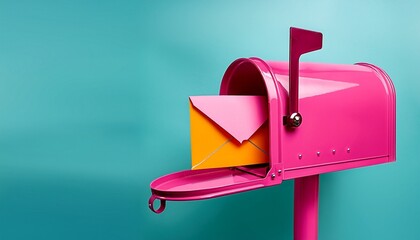 pink mail box with envelope on teal background