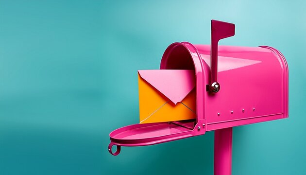 pink mail box with envelope on teal background