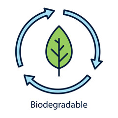 Vector icon for biodegradable materials. Displays a circular recycling symbol with leaves, representing eco-friendly and decomposable items.