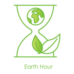  Vector icon for Earth Hour. Features an hourglass with the Earth and leaves, symbolizing time-sensitive environmental awareness and conservation.