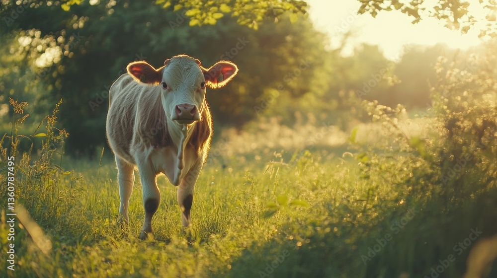 Poster joyful dairy cow enjoys a sunny afternoon in a vibrant green meadow filled with soft light and natur