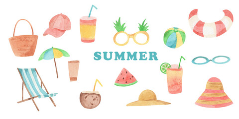 Watercolor hand drawn clipart illustration of summer beach elements like drinks, cream, hat, ball, umbrella, lifeline, chair, bag, watermelon, titfer, chaise lounge isolated on white background