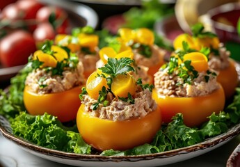 Colorful Yellow Tomatoes Filled with Savory Tuna Salad Garnished with Fresh Herbs and Cherry Tomatoes on a Bed of Crisp Lettuce