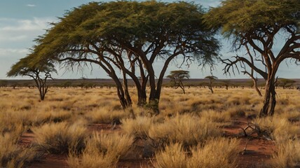 Fototapeta premium Large trees scattered across an arid savanna landscape under a blue sky