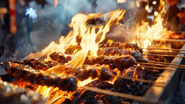 炭火の炎で焼き上げる屋台の焼き鳥