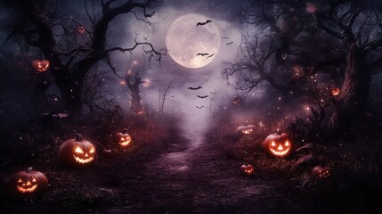 Fototapeta premium Enchanted Halloween Forest Path: Jack-o'-lanterns illuminate a mystical, moonlit trail through spooky trees, bats soar overhead under a full moon, creating a haunting yet enchanting Halloween scene.