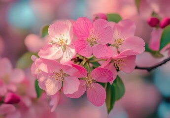 Obraz premium Delicate Pink Blossom Cluster with Soft Petals Against a Gentle Background Symbolizing Spring, Renewal, and Natural Beauty in a Calm Setting