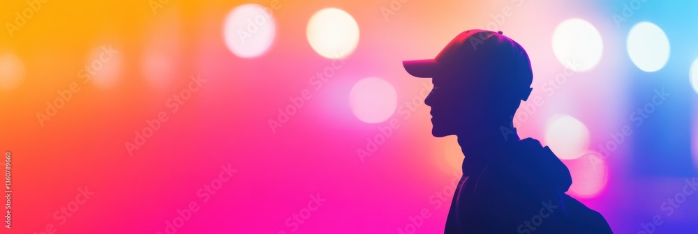 Poster vibrant abstract background featuring silhouette of a delivery worker in neon tones during evening h