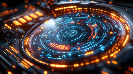 Fototapeta premium Futuristic holographic control panel with glowing blue and orange UI elements. A high-tech sci-fi dashboard displaying advanced data analytics, cyberpunk-style interface, and sleek neon-lit digital re