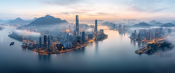 Naklejka premium Hong Kong city skyline at dawn