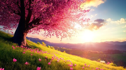 Beautiful Pink Blossom Tree Sunset Landscape Spring Nature Scenery Idyllic Peaceful Tranquil Serene Majestic Mountain View Vibrant Colors Warm Light  