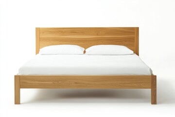 Wooden Bed Frame with White Bedding in Minimalist Bedroom Setting