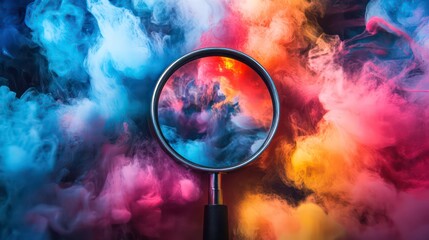 Colorful abstract photography. Magnifying glass in center. Colorful smoke, paint splashes surround lens. Vibrant colors explode around glass. Artistic investigation. Stylish concept image. Retro