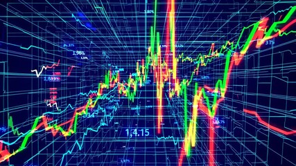 Dynamic video concept of financial data with a 3D perspective. Neon lines and graphs create a futuristic, immersive experience from a low angle. Live desktop wallpaper.