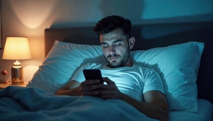 Fototapeta premium Man using phone in bed at night