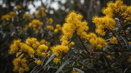 Beautiful bright yellow flowers blooming on a leafy green bush
