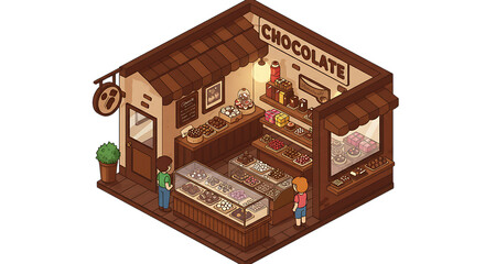Fototapeta premium Isometric Chocolate Shop with Customers Browsing Delicious Treats Illustration