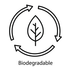 Vector icon for biodegradable materials. Displays a circular recycling symbol with leaves, representing eco-friendly and decomposable items.