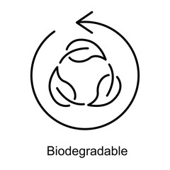 Vector icon for biodegradable materials. Displays a circular recycling symbol with leaves, representing eco-friendly and decomposable items.