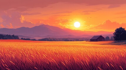 Obraz premium Serene sunset over golden wheat field with barn and distant mountains. Perfect for idyllic, peaceful, rural scenes.