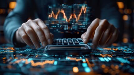 Close-up of an investora??s hands using a financial calculator while a holographic display of stock market trends, candlestick charts, and real-time data updates floats in the air.