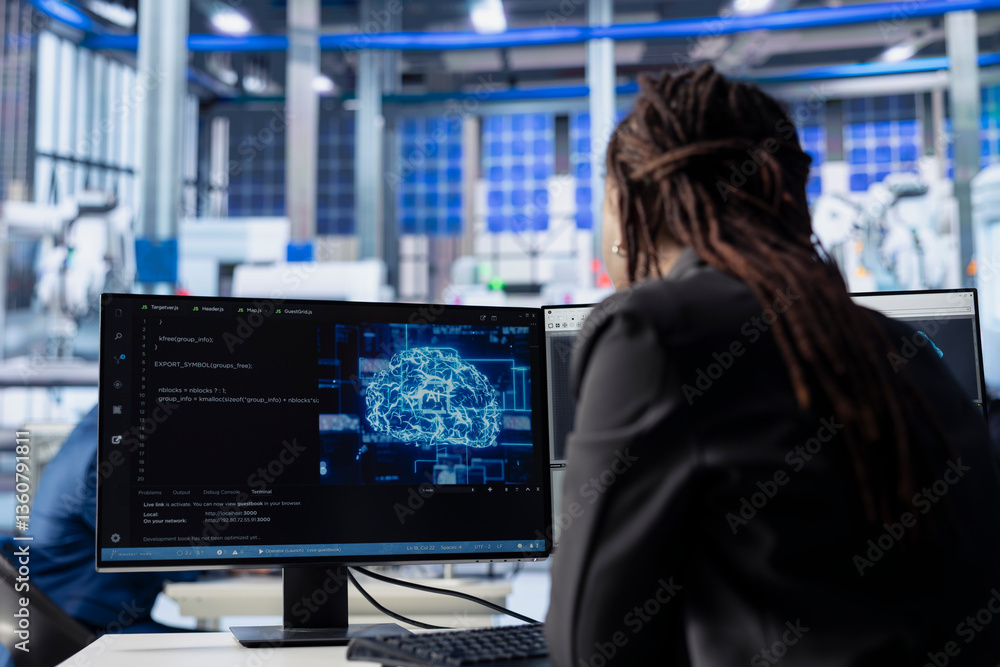 Poster engineer developing ai algorithms on pc in solar panel plant, training models to predict equipment f