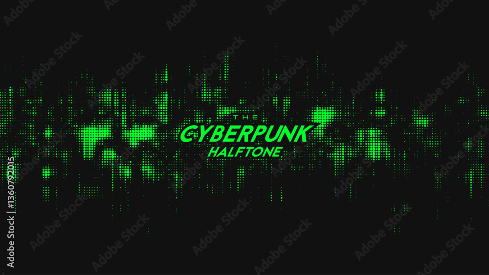 Poster abstract vector green cyberpunk halftone sound wave. scrathed dotted texture element.
