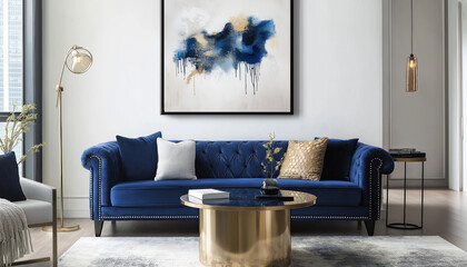 Luxury Blue Velvet Sofa Decor Gold Accents, Abstract Art, Modern Lighting