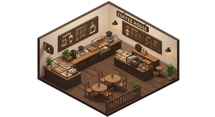 Isometric Coffee Shop Interior Design with Menu Boards and Pastries
