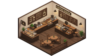 Isometric Coffee Shop Interior Design with Menu Boards and Pastries