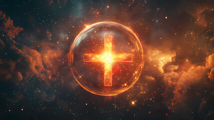 Spiritual concept art a photostock of a luminous cross encased in a glass bubble, suspended between heaven and earth, surrounded by divine energy. Sacred Encasing. Illustration