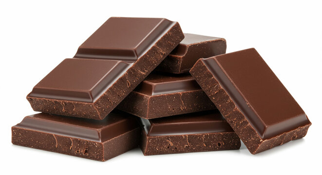 Deliciosos trozos de chocolate negro apilados sobre un fondo blanco