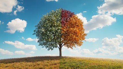 Four Seasons Tree Nature Landscape Hill Autumn Summer Spring Winter Colorful Foliage Branches Sky Clouds Peaceful Serenity Tranquil Scene Beautiful   