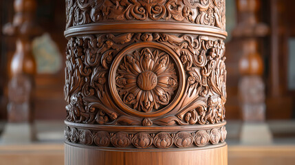Tall wooden prayer wheel encased in detailed carvings and patterns. Sacred Encasing. Illustration