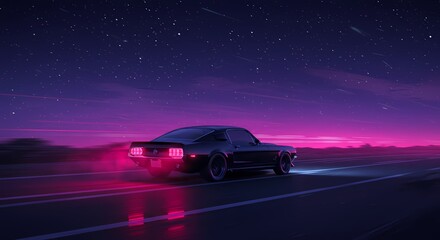 A digital illustration of a dark classic car driving down a road at dusk. The car has red taillights. The background shows a night sky with stars and a pink and purple mist. The road is wet and reflec