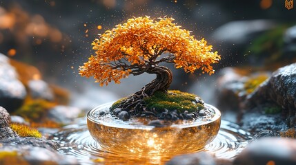 A small enchanted bonsai tree, its leaves sparkling with golden dust, floating inside a levitating orb of water.