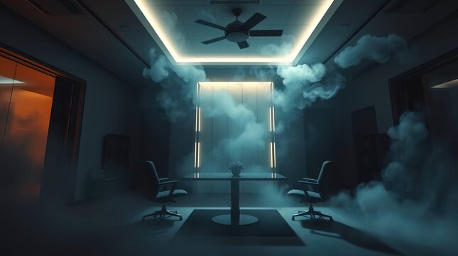 Ethereal and spiritual vibe. A professional office is dramatically lit with high contrast, creating tension and a mystical feeling with a light aura