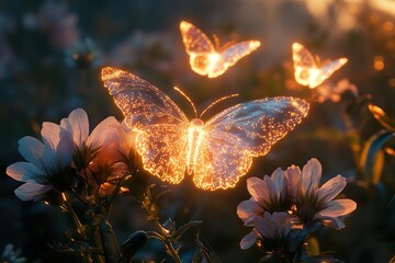 A secret garden where glowing butterflies land on flowers, leaving trails of light as they gently flutter away.