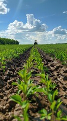 Tractor Planting Young Crops in Field, Sunny Day