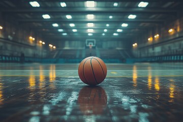 A lone basketball sits on a gleaming court, the dim lights of an empty arena reflecting in its polished surface.  The mood is quiet, contemplative.