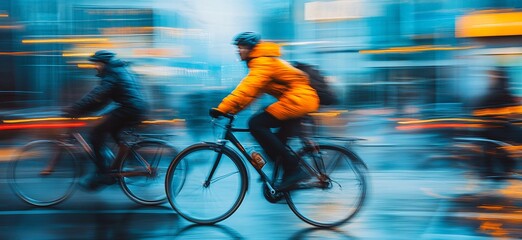 A man in an orange jacket speeds through the city on his bicycle, blurred motion showing the rush of urban life.