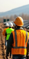 Solar panel technicians walking on site, renewable energy project, engineers in safety gear inspecting solar farm construction, power plant installation, sustainable technology solution, worker team