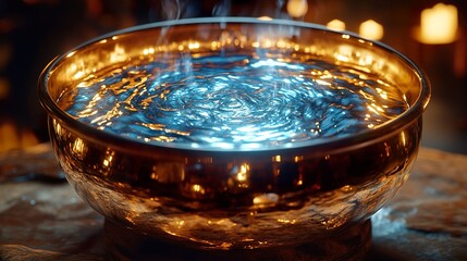 A mystical cauldron filled with liquid silver, reflecting distorted visions of alternate timelines on its surface.