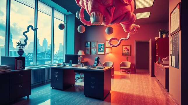 Dreamlike surreal imagery of a professional office in vibrant complimentary colors, contrasting colors, balanced tones, fantastical elements, bizarre scenes